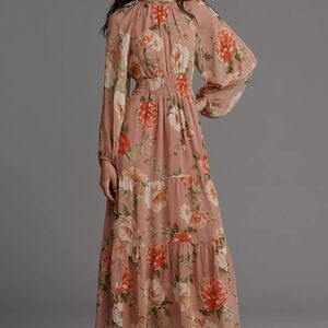 Anthropologie Pink and Orange Floral Maxi Dress